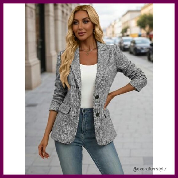 Herringbone Tweed Blazer Slim Fit Notched Lapel Office Work Jacket Classic - Picture 5 of 7